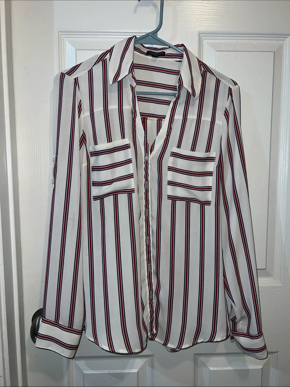 Express White Blouse with Red & Navy Stripe Detail